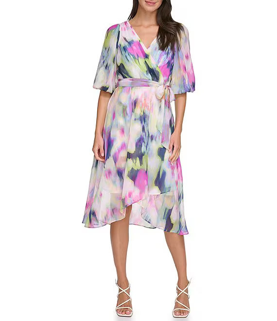 DKNY Chiffon V-Neck 3/4 Sleeve Faux Wrap Dress Multicolor Size 4