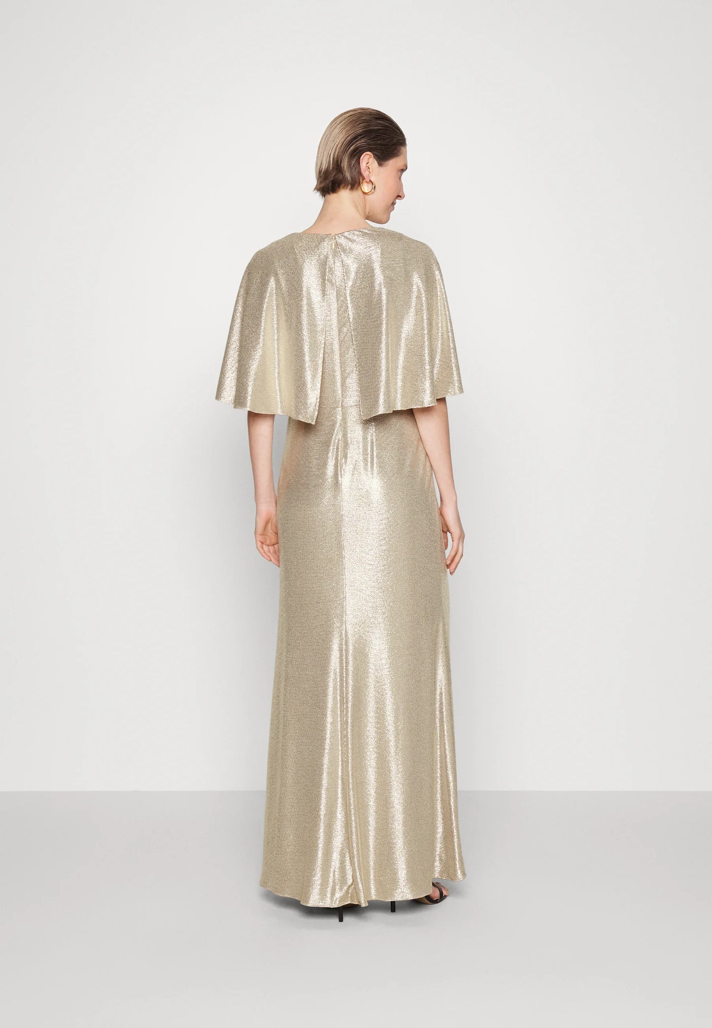 Lauren Ralph Lauren Women's Foil-Print Jersey Cape Gown Color Birch Tan/Gold Foil Size 10