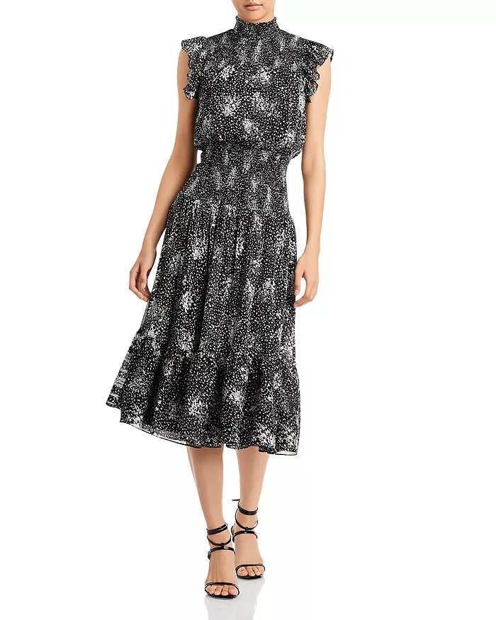 Aqua Women's Abstract Ruffled Print Midi Dress Color Black Size M