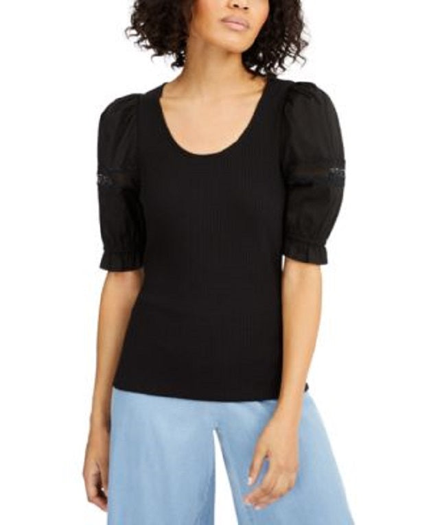 INC International Concepts Women's Ribbed Poplin-Sleeve Top Color Deep Black Size XL