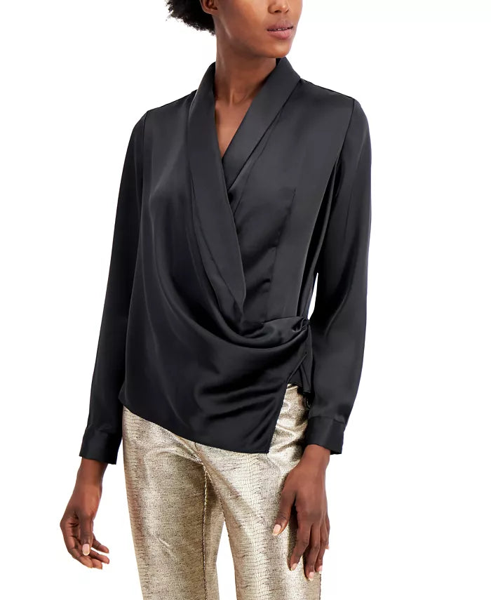 Alfani Women's Draped Faux-Wrap Blouse Color Deep Black Size M