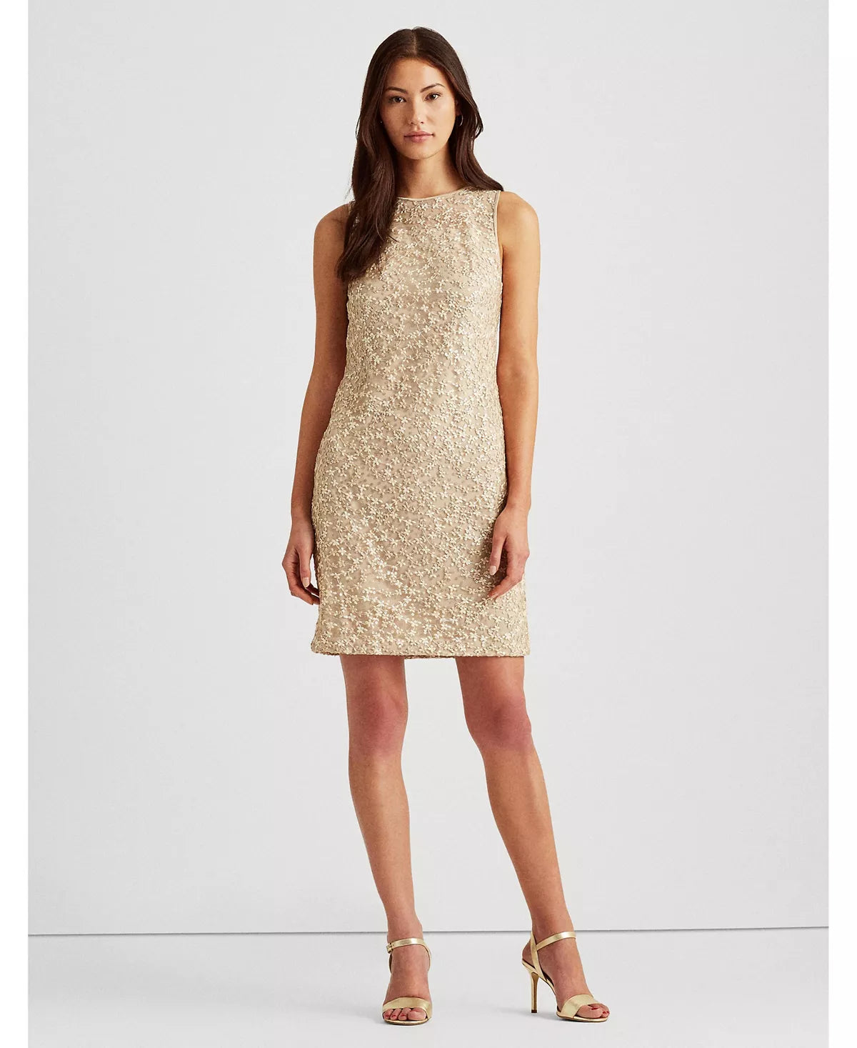 Lauren Ralph Lauren Sequined Floral Cocktail Dress Color Champagne/Silver Size 14