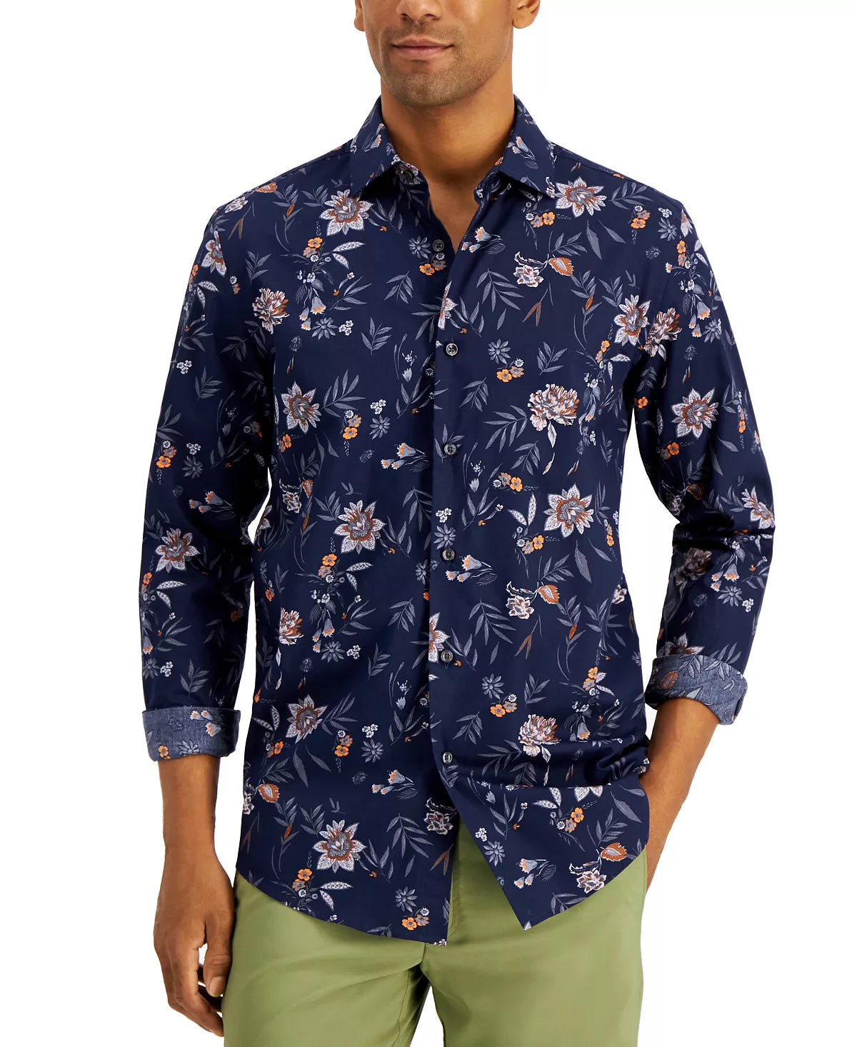 Alfani Men's Regular-Fit Floral-Print Shirt Color Navy Blue Combo Size S