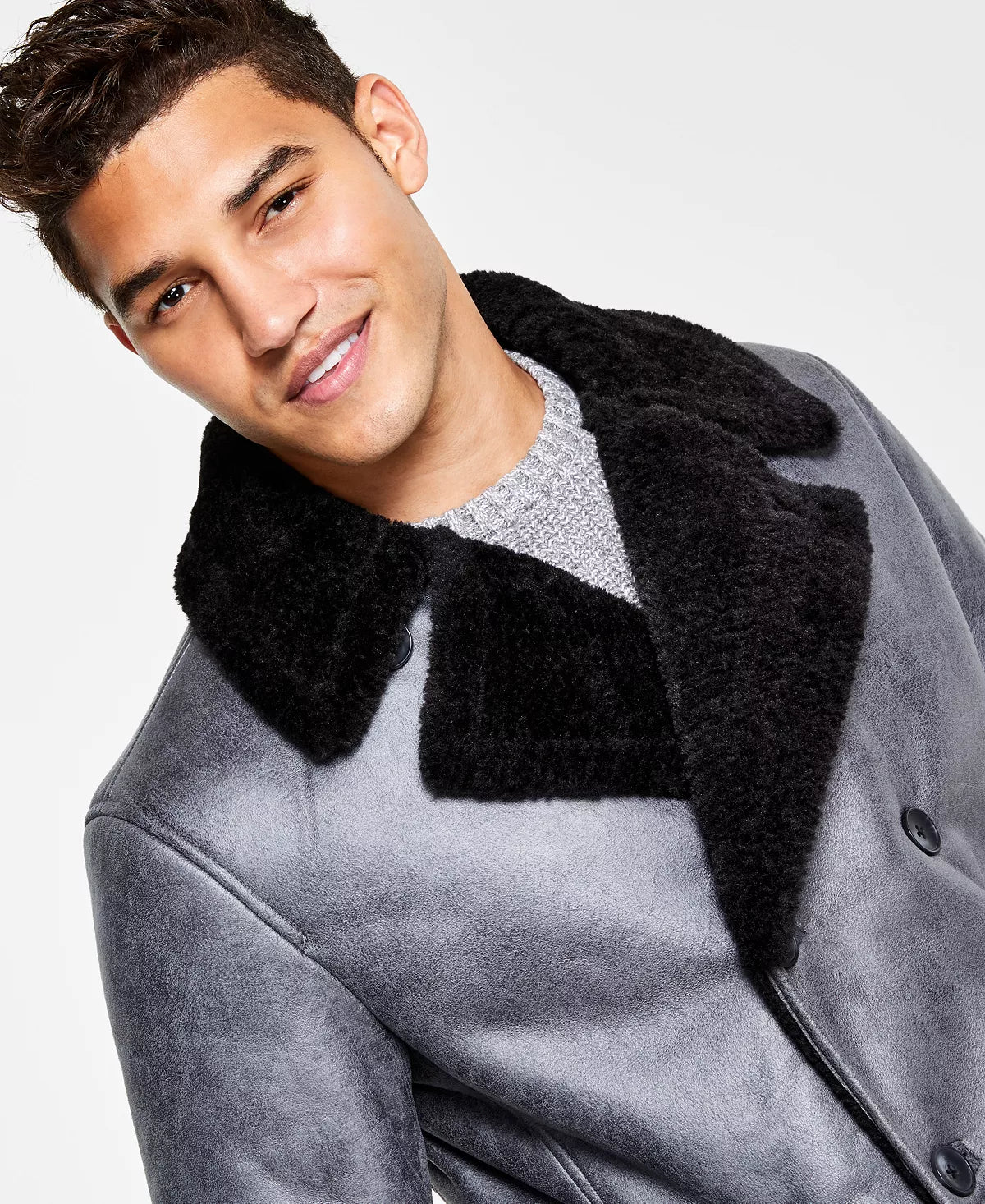 INC International Concepts Men's Faux-Fur-Trim Faux-Leather Coat Color Navy Bud Size M