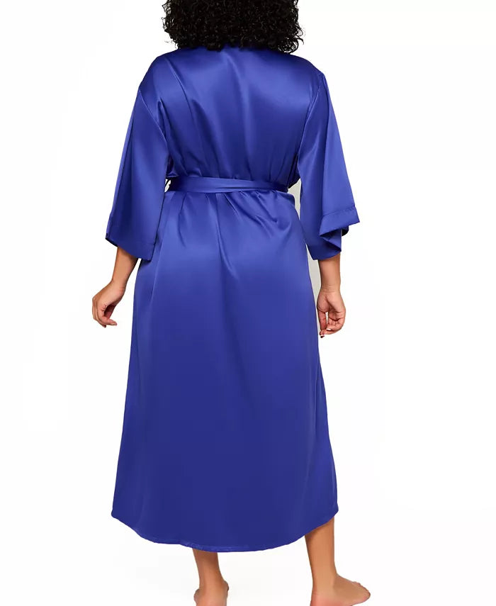 iCollection Women's Victoria Satin 3/4 Sleeve Long Robe Blue Size L