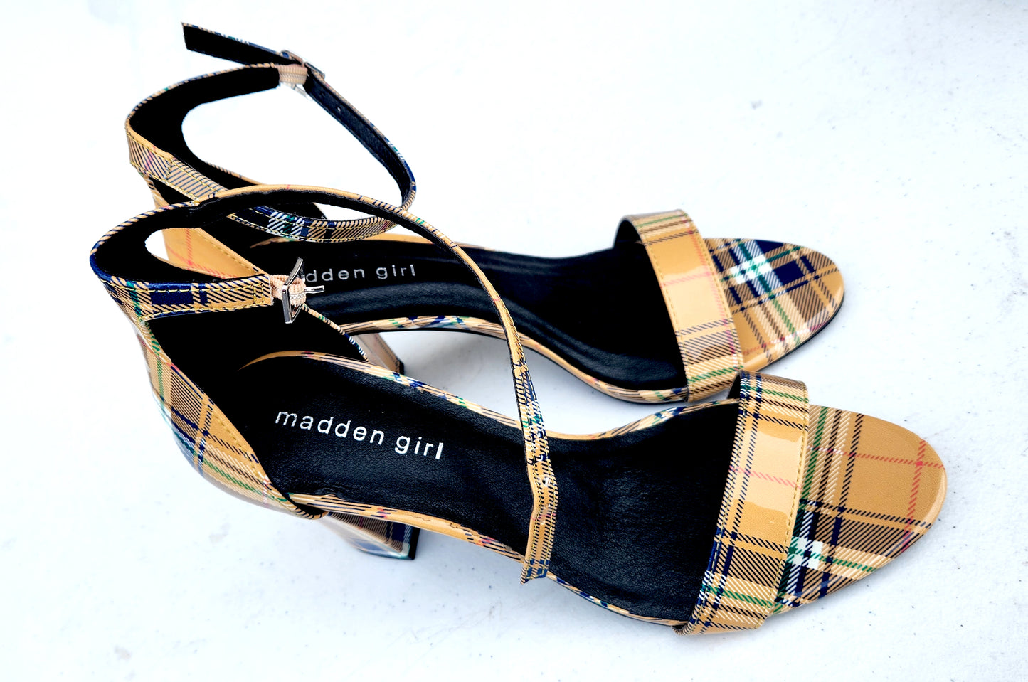 Madden Girl Bella Two-Piece Block-Heel Sandals Color Yellow Plaid Size 10M
