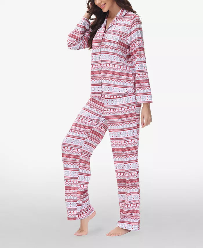 Beautyrest Printed Long Sleeve Notch-Collar Pajama Set Snow Fair Isle Size XL