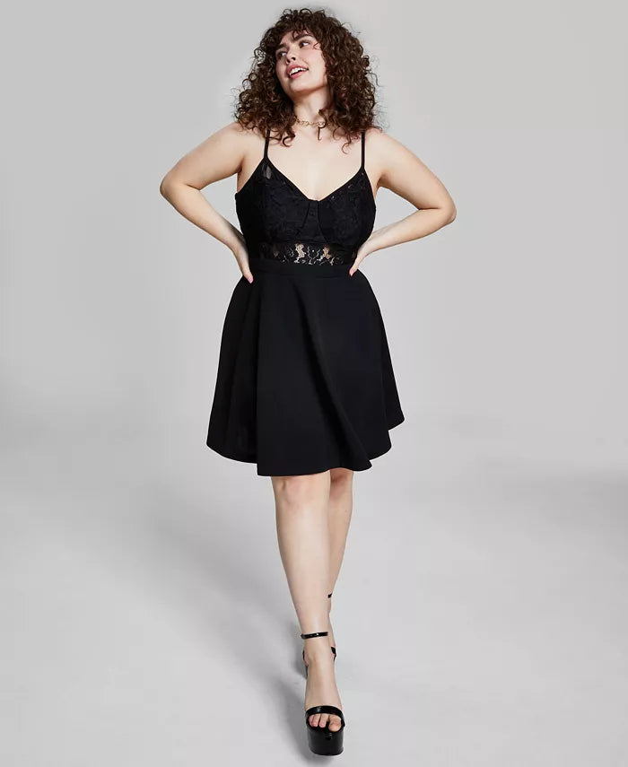 City Studios Trendy Plus Size Lace-Corset Scuba Dress Black Size 22W
