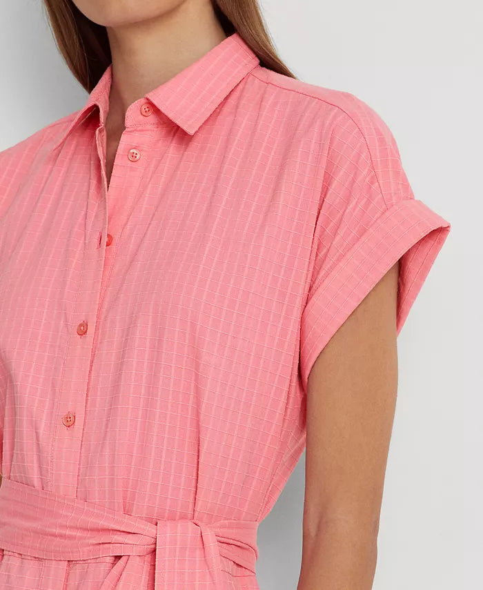 Lauren Ralph Lauren Women's Gingham Belted Cotton Dress Color Poolside Rose Size 16