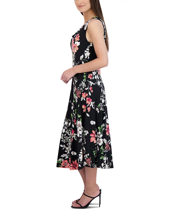 Robbie Bee Petite Floral-Print Cowlneck Midi Dress Color Black Size PS
