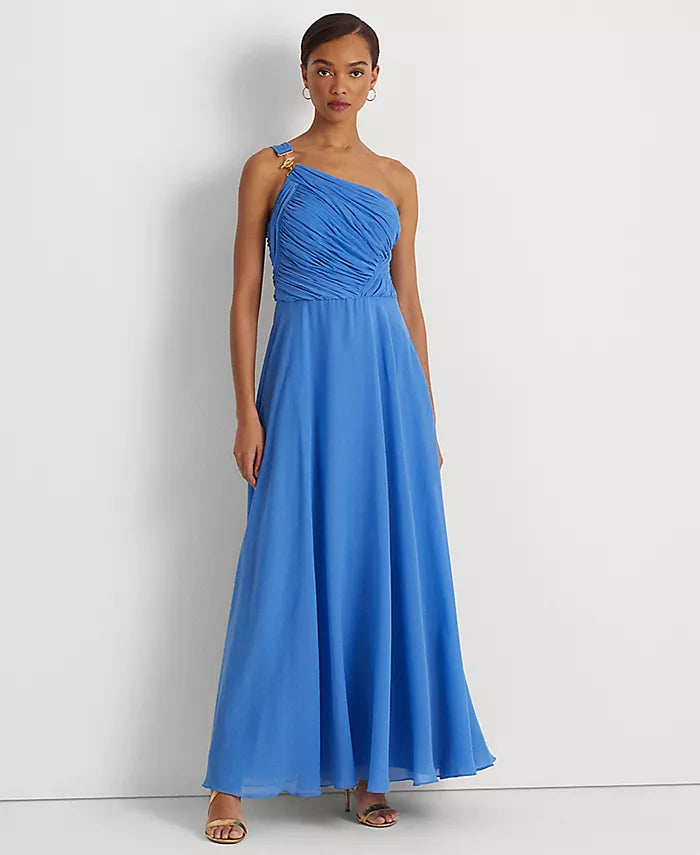Lauren Ralph Lauren Women's Georgette One-Shoulder Gown Color New England Blue Size 4