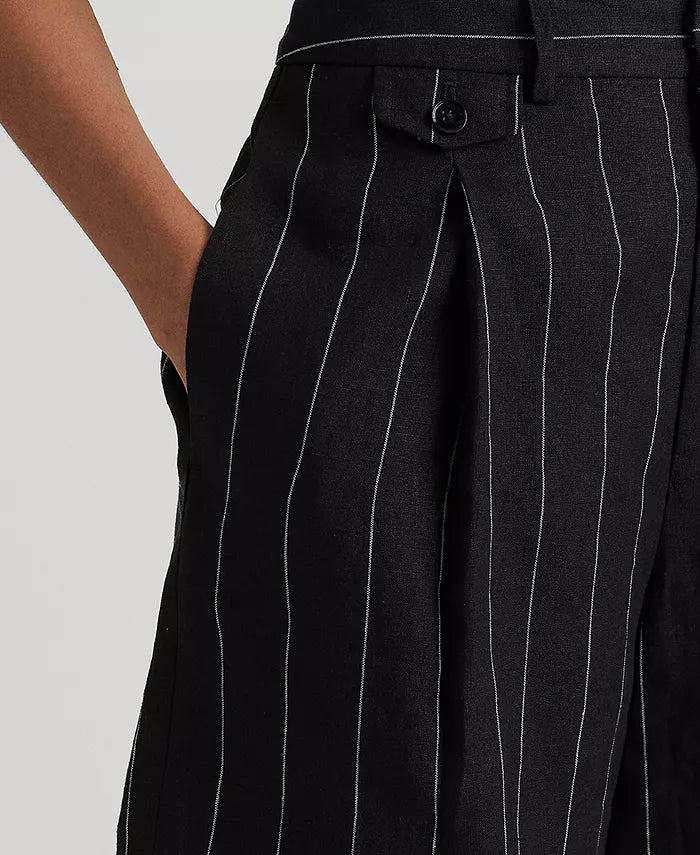 Lauren Ralph Lauren Women's Pinstripe Pleated Linen Shorts Color Black Size 14