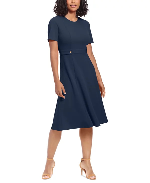 London Times Puff-Sleeve Tab-Detail Fit Flare Dress Color Navy Blazer Size 10
