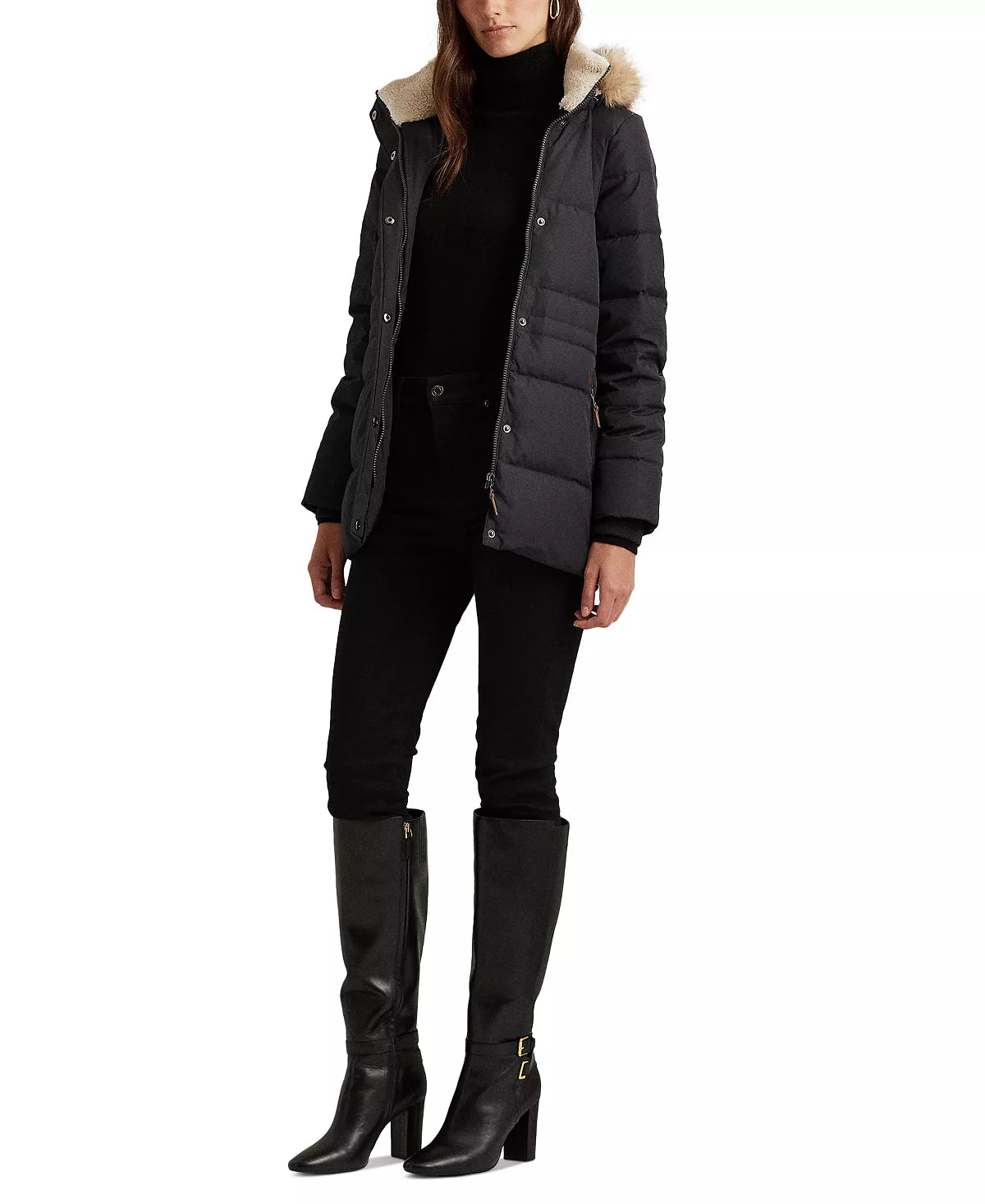 Lauren Ralph Lauren Women's Faux-Fur-Trim Hooded Down Puffer Coat Color Dark Camel Size XL