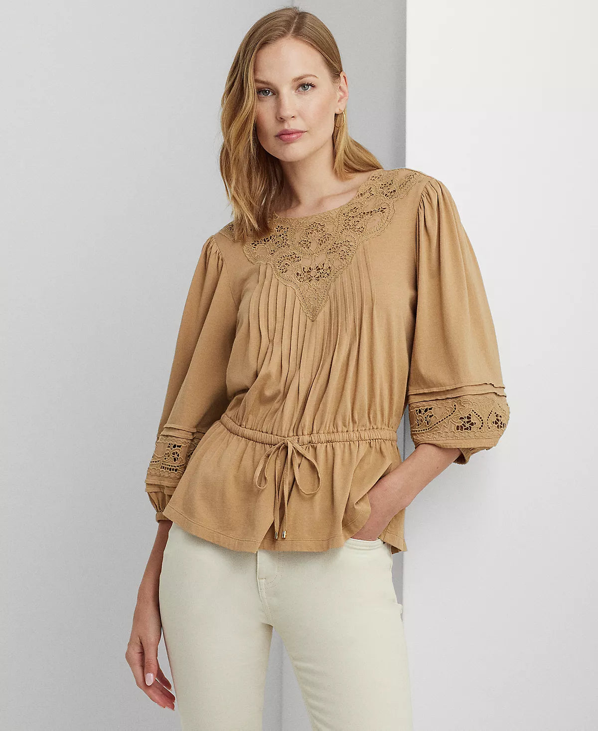 Lauren Ralph Lauren Women's Lace-Trim Jersey Peplum Top Color Classic Camel Size XL
