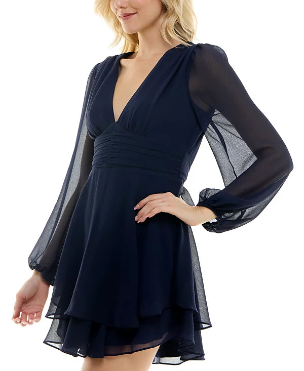 B Darlin Juniors Flutter-Sleeve V-Neck Layered Dress Color Navy Size 9/10