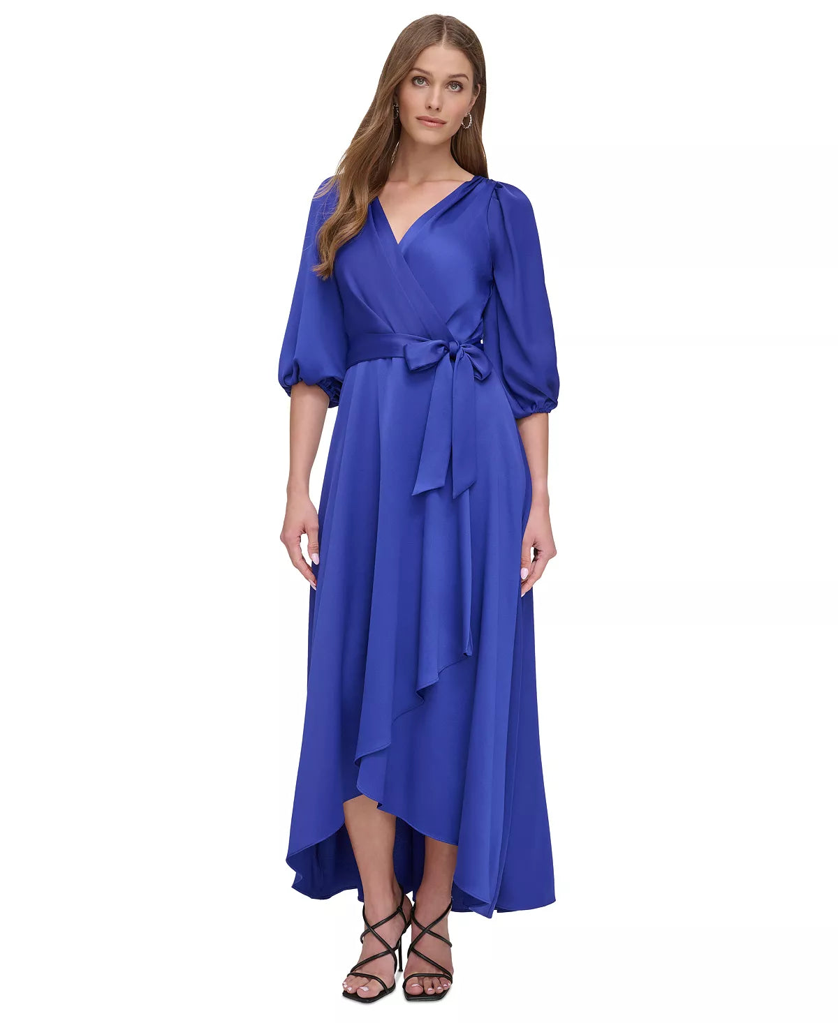 DKNY Faux-Wrap Balloon-Sleeve Belted Dress Color Berry Blue Size 4