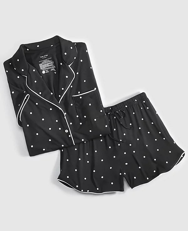 State of Day Women's 2-Pc. Short-Sleeve Notched-Collar Pajama Set Deep Black Size S