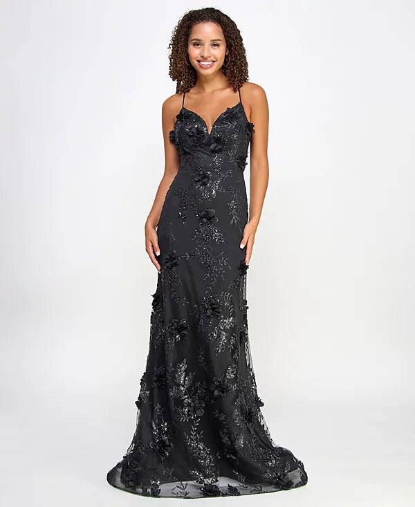 Say Yes Juniors Embroidered Open-Back Gown Color Black Size 7/8