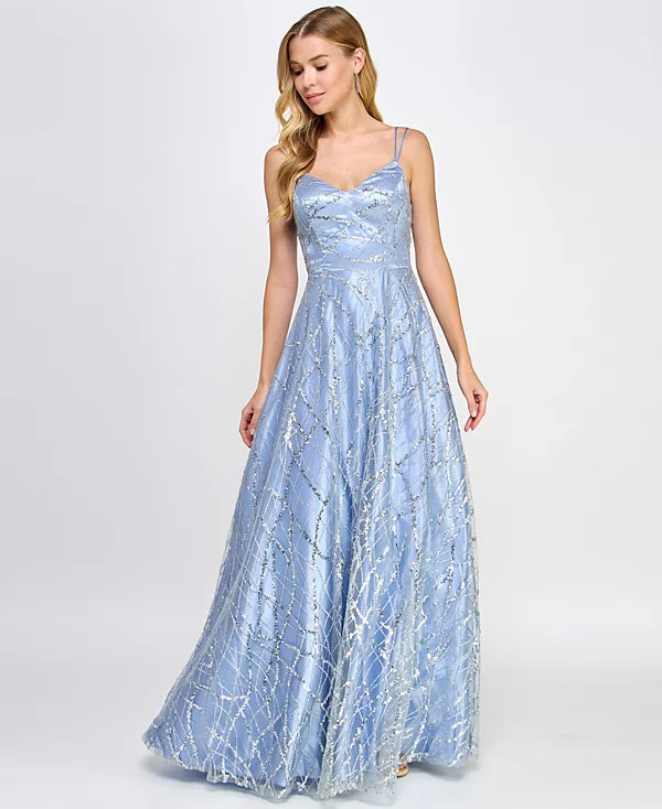 Say Yes Juniors Sequin-Embellished Ball Gown Color Silver/Blue Size 3/4