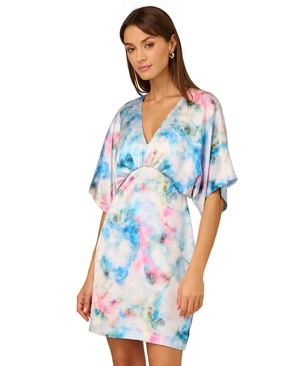 Adrianna by Adrianna Papell Printed Satin Kimono Dress Color Blue Multi Size 6