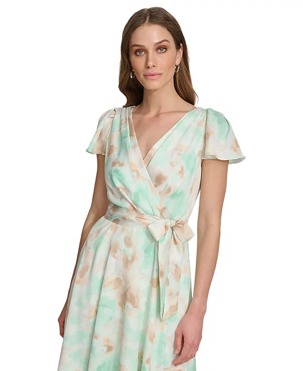 DKNY Women's Printed Faux-Wrap Gown Color Light Green Size 8