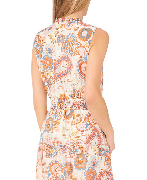 MSK Women's Printed Tie-Neck Sleeveless Maxi Dress Vanilla Ice Size M