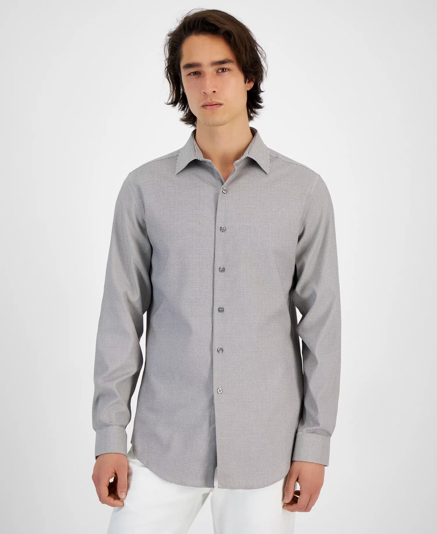 Alfani Men's Slim-Fit Dobby Dress Shirt Grey White 14/14.5 32/33