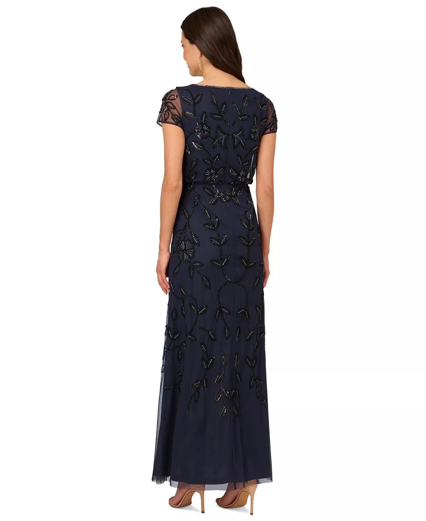 Adrianna Papell Women's Floral Blouson Embellished Gown Navy/Black Size 12P