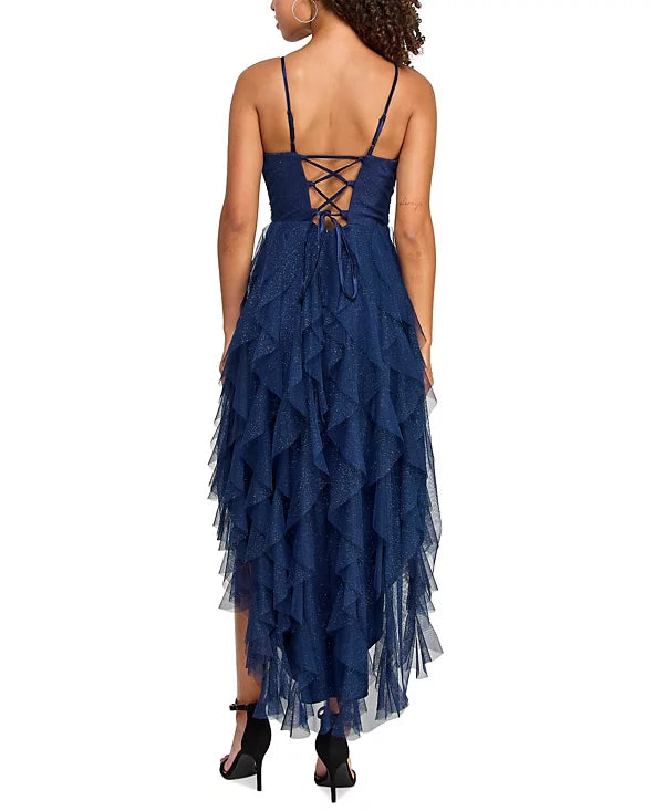 pear culture Juniors Ruffled High-Low Dress Color Navy Size 17