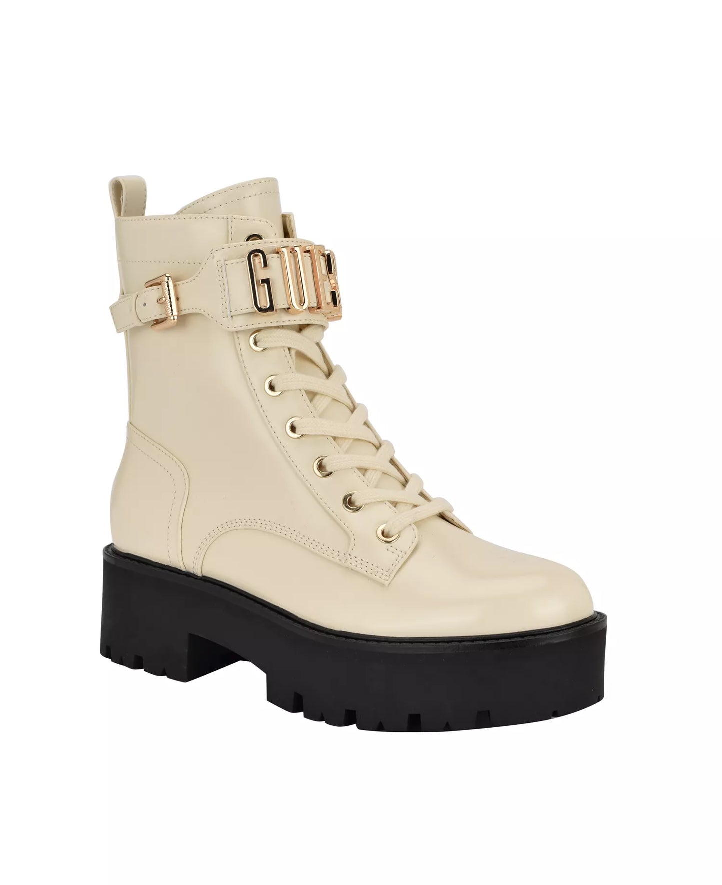 GUESS Women's Vaires Lug Sole Lace Up Combat Booties Cream Size 5.5