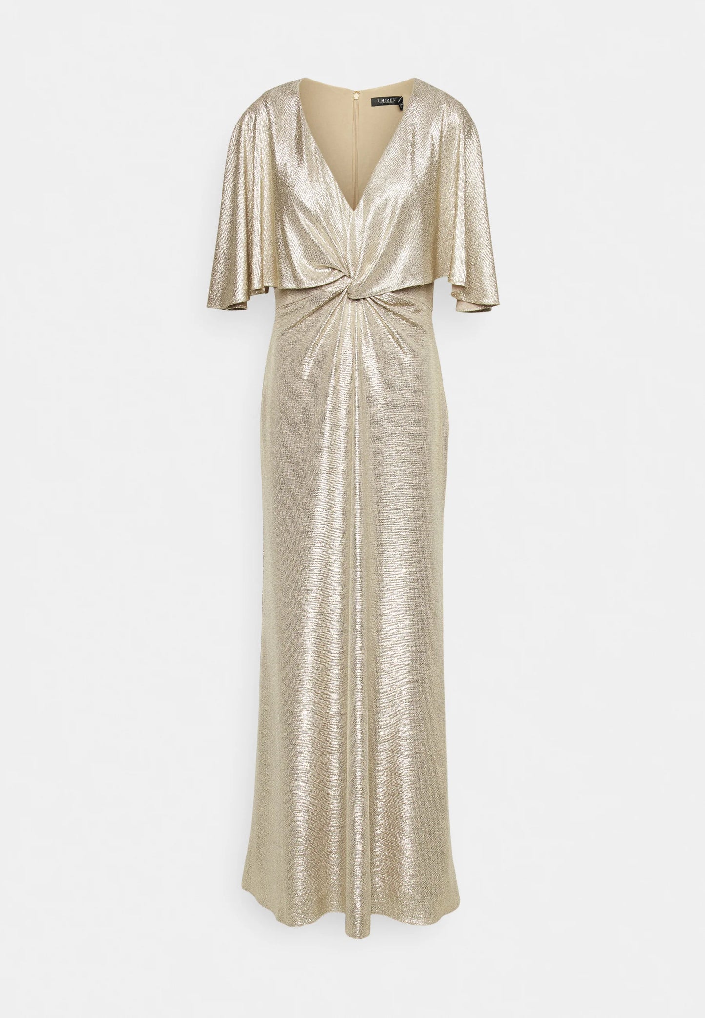 Lauren Ralph Lauren Women's Foil-Print Jersey Cape Gown Color Birch Tan/Gold Foil Size 10