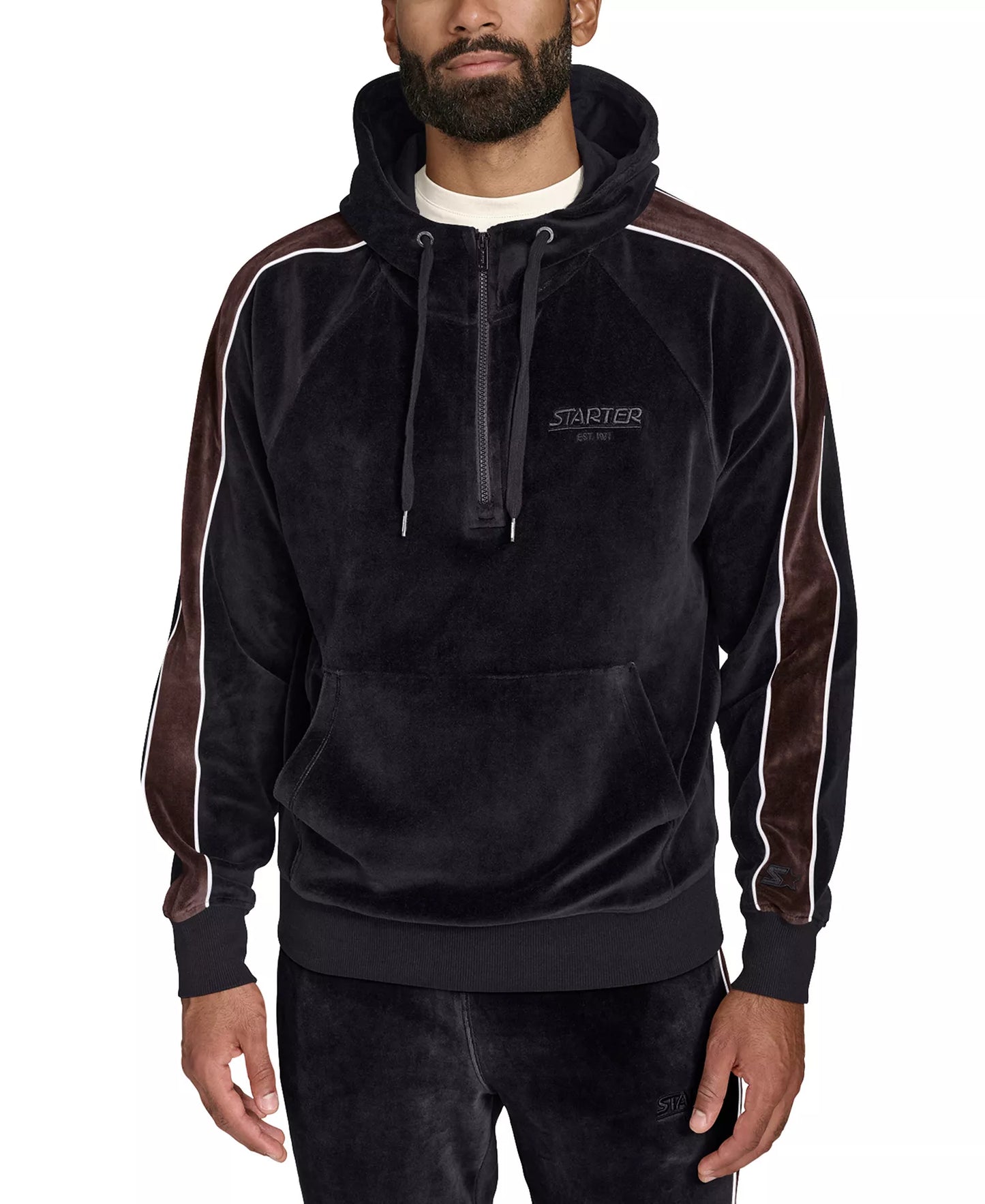 Starter Men's Velour Quarter-Zip Jersey-Lined Hoodie Black Size M