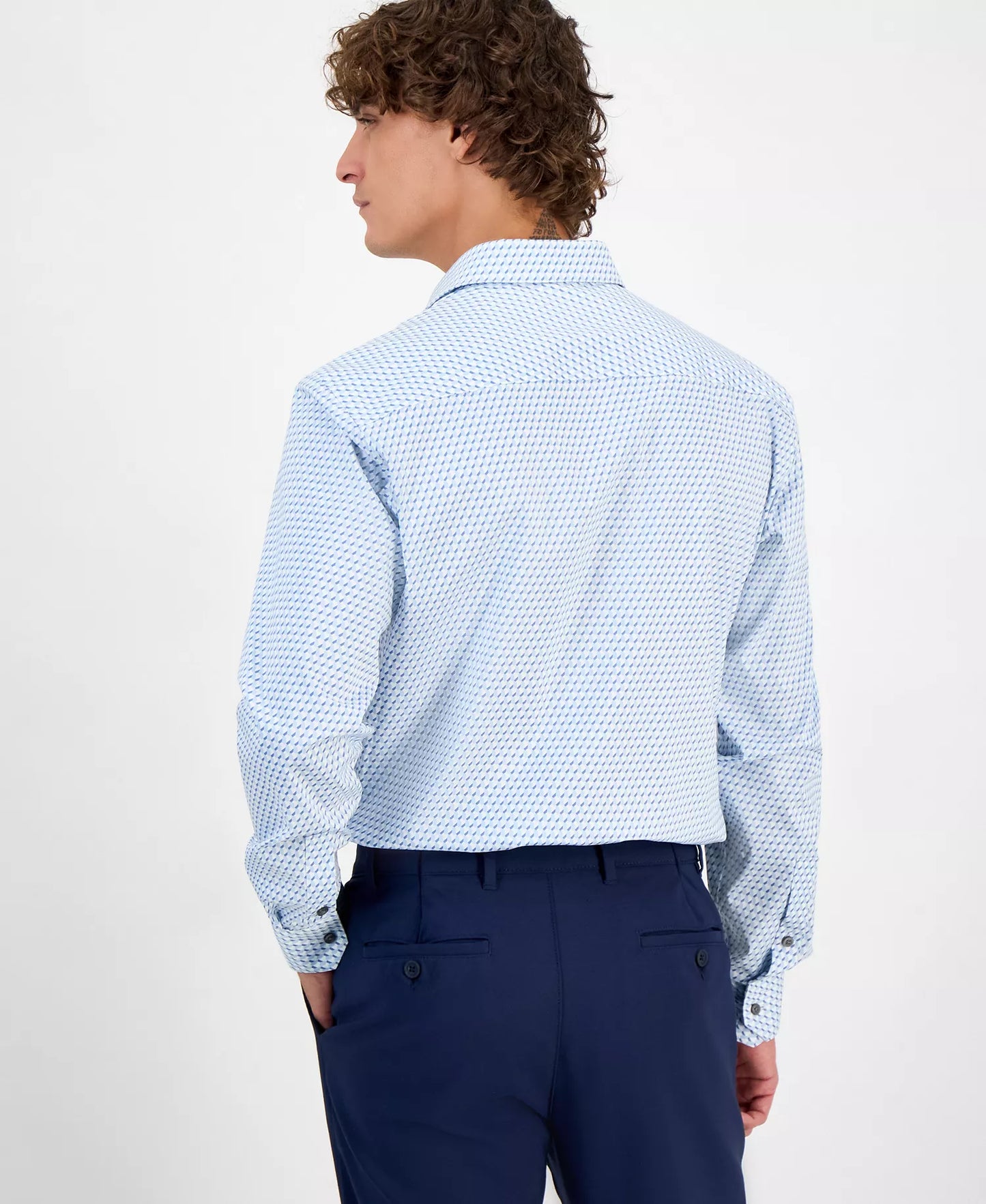 Alfani Men's Geo-Print Slim-Fit Dress Shirt White/Blue 17/17.5 36/37 (No Tag)