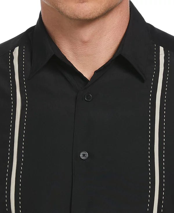 Cubavera Men's Pick Stitch Panel Short Sleeve Button-Down Shirt Jet Black Size 2XL