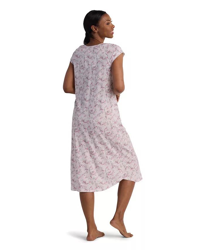 Miss Elaine Women's Short Sleeve Printed Long Night Dress Pink Bouquets Size M