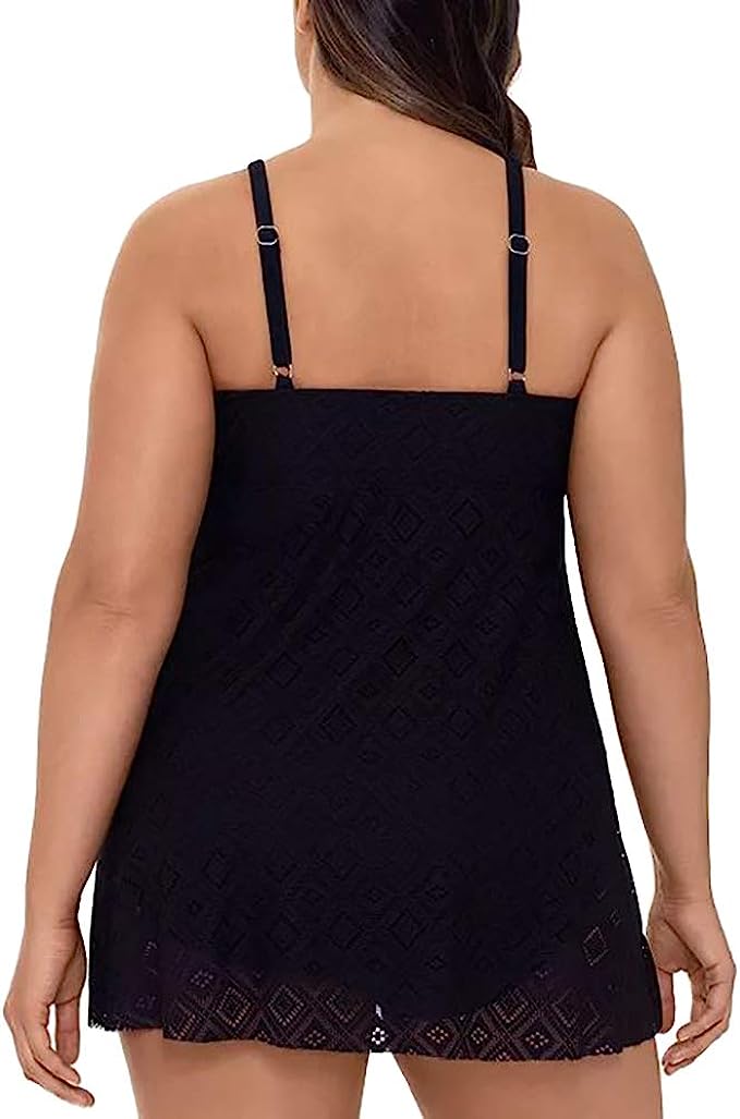Swim Solutions Women's Plus Size Crochet Flyaway Tummy Control Swimdress Color Black Size 24W