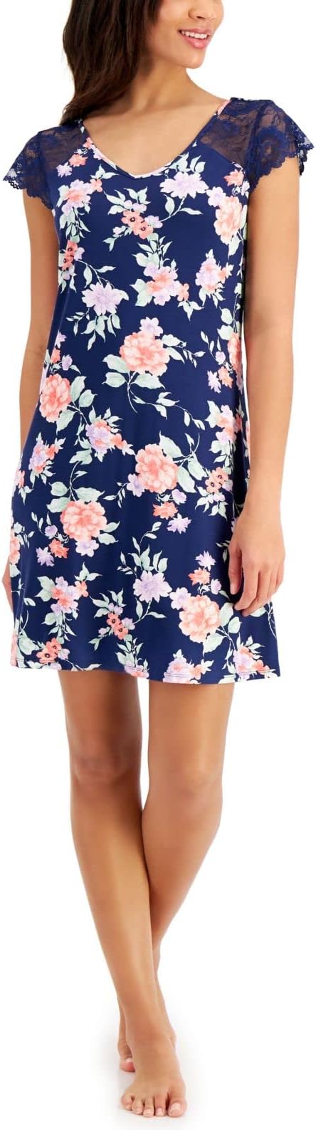 Lace-Sleeve Chemise Nightgown Color Blossoms Blue Size XL