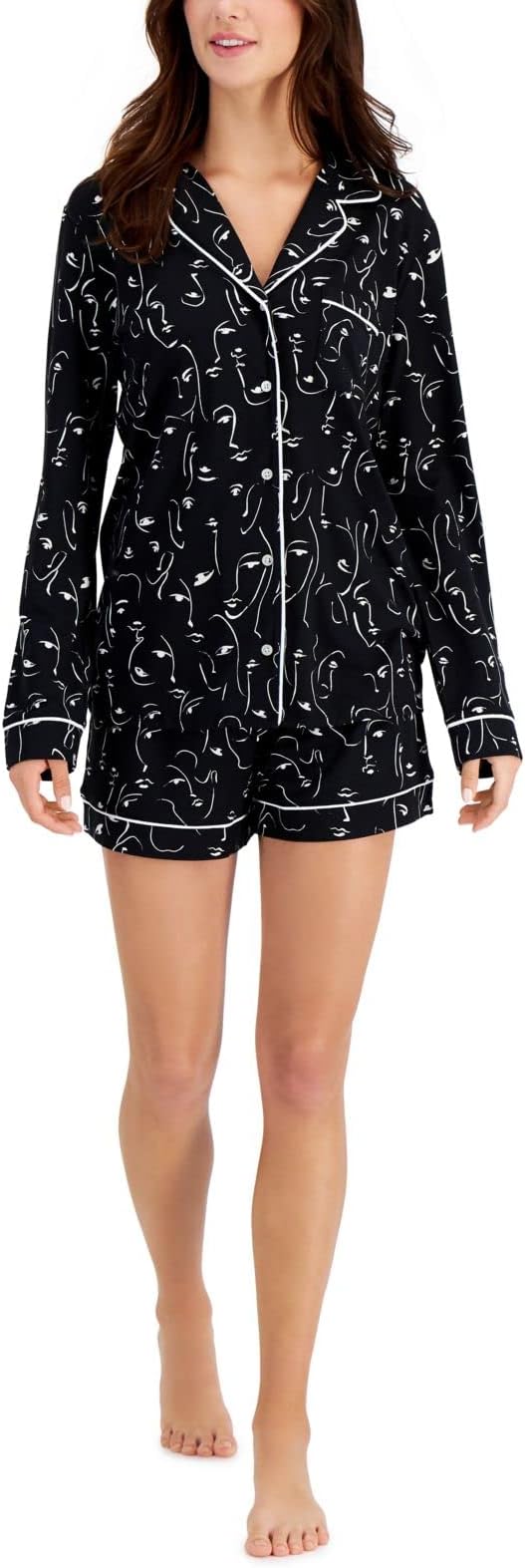 Alfani Women's Ultra-Soft Notch Collar Shirt & Shorts Pajama Set Color Face Outline Size XS