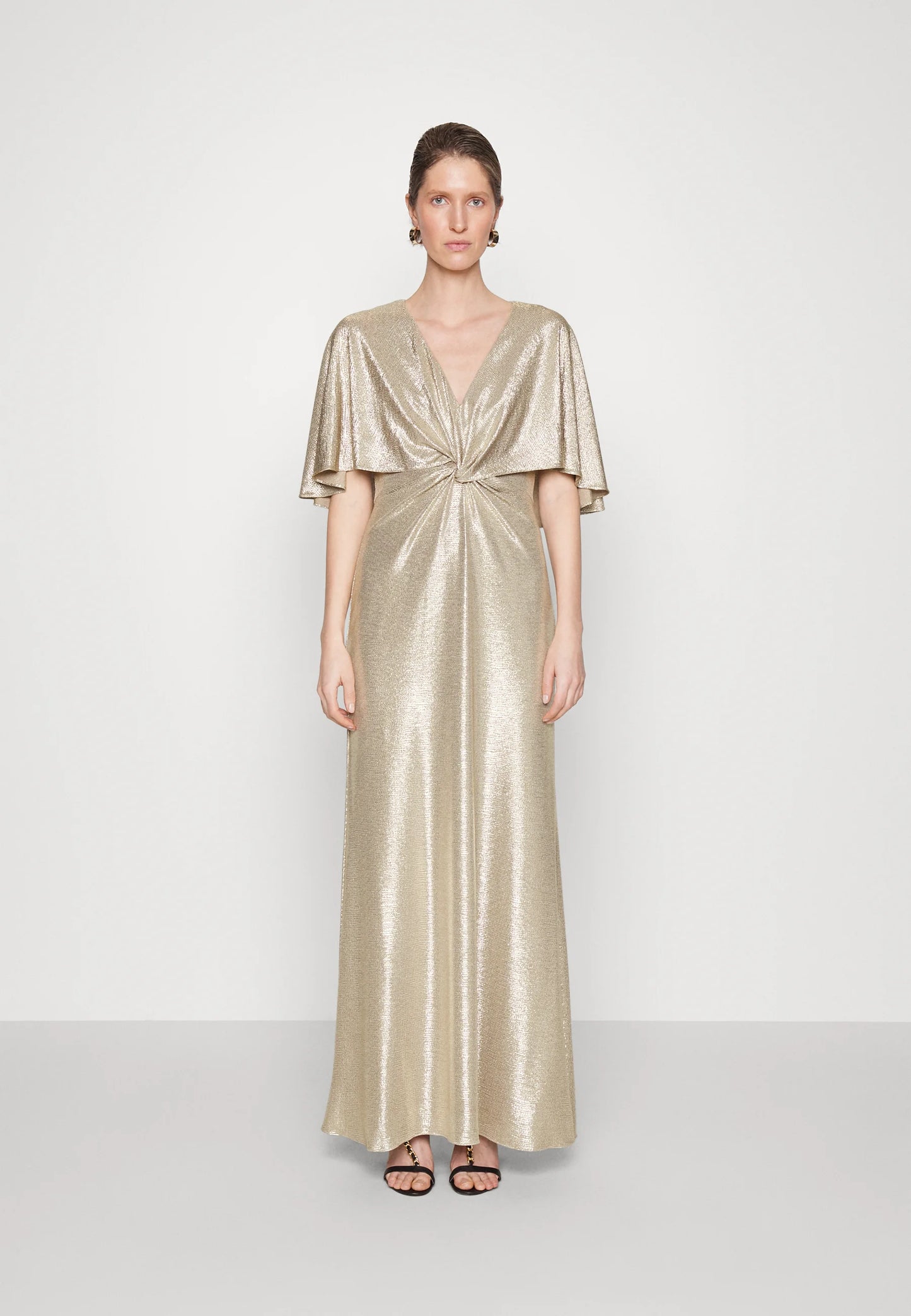 Lauren Ralph Lauren Women's Foil-Print Jersey Cape Gown Color Birch Tan/Gold Foil Size 10