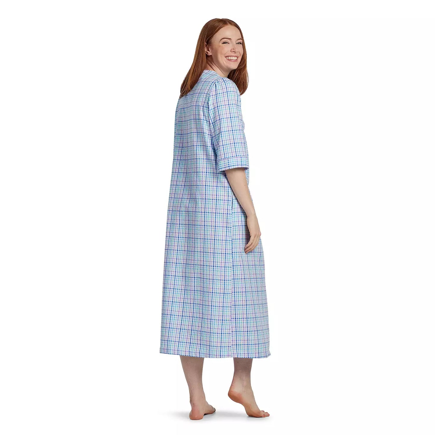 Miss Elaine Petite 3/4-Sleeve Plaid Zipper Robe Navy Turquoise Plaid Size PS