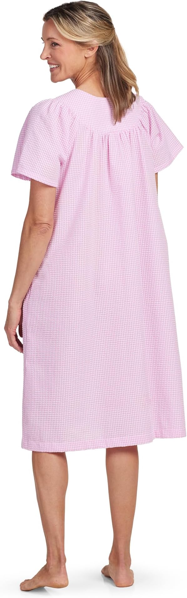 Miss Elaine Women's Short Seersucker Loungewear Robe Pink White Check Size S