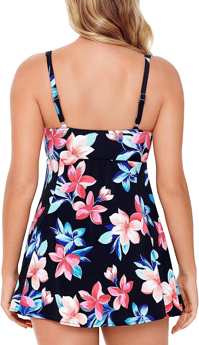 Swim Solutions Printed Bow-Front Tummy Lanai Control Swimdress Color Black Multi Size 8