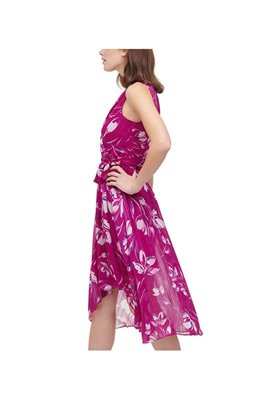 DKNY Tie Ruffled Metallic Floral Cocktail Faux Wrap Dress Color Berry Multi Size 4