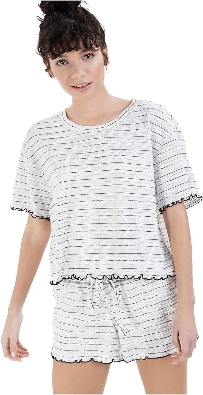 Jenni Women's Crinkle Lettuce-Edge Shorts Pajama Set Color Seersucker White Size XL