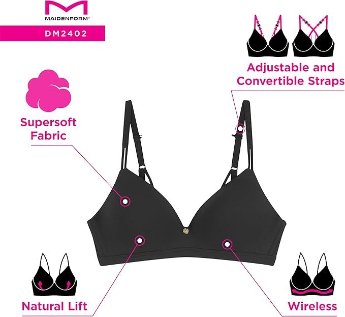 Maidenform Everyday Luxe T-Shirt Wireless Convertible Bra Black Size 34C