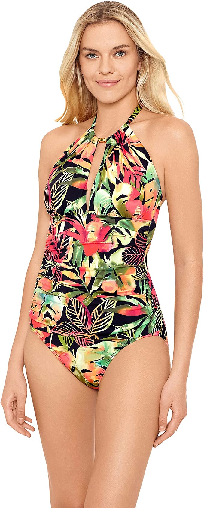 Lauren Ralph Lauren High-Neck Tummy-Control One-Piece Swimsuit Color Midnight Tropical Size 14