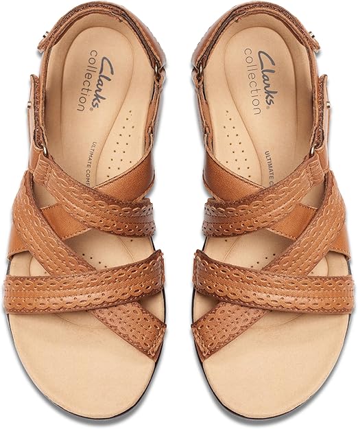 Clarks Women's Laurieann Rena Embellished Flat Sandal Tan Leather Size 9.5