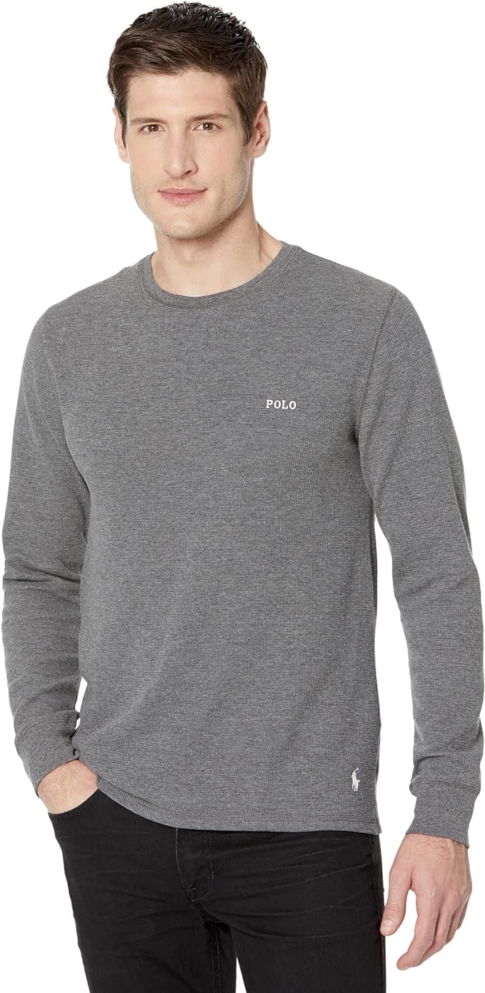 Polo Ralph Lauren Men's Waffle-Knit Long Sleeve T-Shirt Color Charcoal Heather/Antique Cream Size L