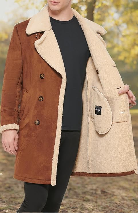 GUESS Men's Warm Faux-Shearling Overcoat Cognac Size S